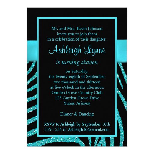 PRINTED RIBBON Zebra 16th Birthday Invitation