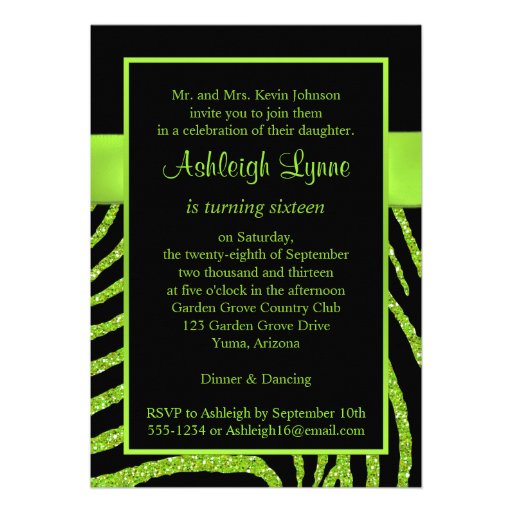 PRINTED RIBBON Zebra 16th Birthday Invitation