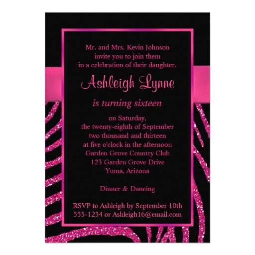 PRINTED RIBBON Zebra 16th Birthday Invitation