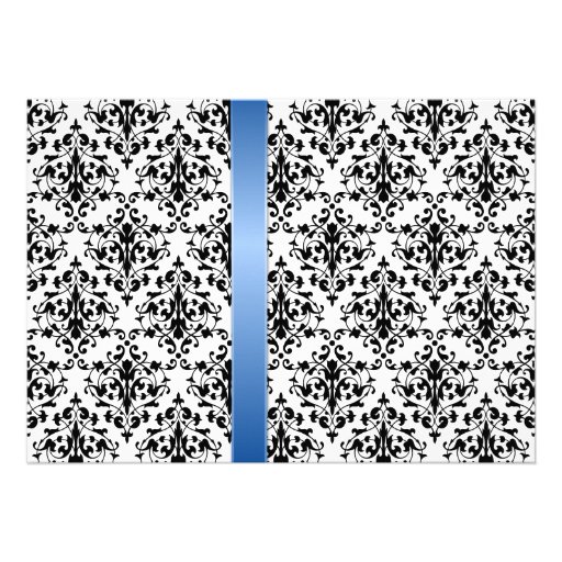 Printed Royal Blue Ribbon and Damask Wedding Custom Invite