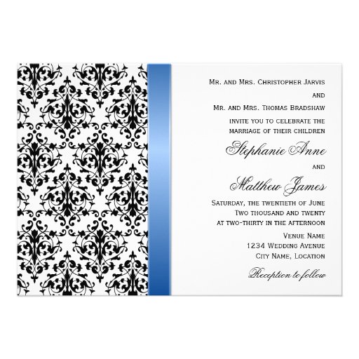 Printed Royal Blue Ribbon and Damask Wedding Custom Invite