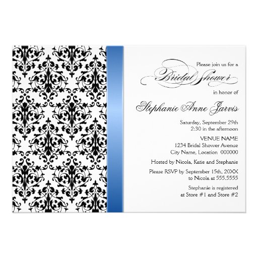 Printed Royal Blue Ribbon Damask Bridal Shower Custom Announcements
