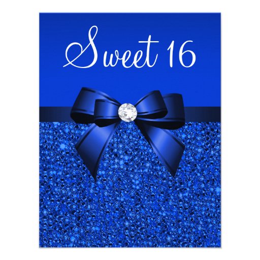 Printed Royal Blue Sequins, Bow & Diamond Sweet 16 Personalized Invitations