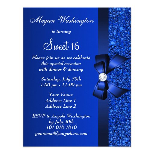 Printed Royal Blue Sequins, Bow & Diamond Sweet 16 Personalized Invitations