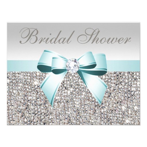 Printed Silver Sequin Teal Bow Image Bridal Shower Invitation
