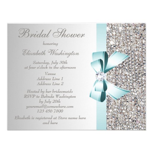 Printed Silver Sequin Teal Bow Image Bridal Shower Invitation