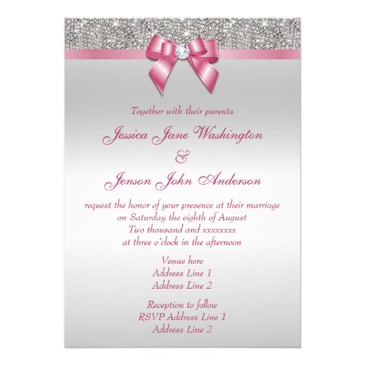 Printed Silver Sequins and Bow Pink Wedding Cards