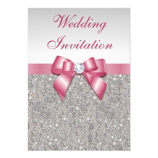 Printed Silver Sequins and Bow Pink Wedding Cards