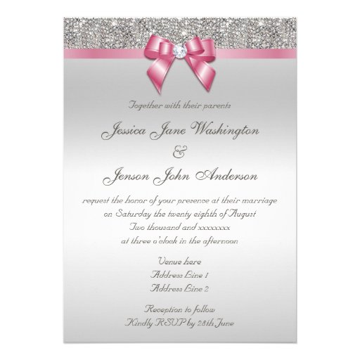 Printed Silver Sequins and Bow Pink Wedding Invites