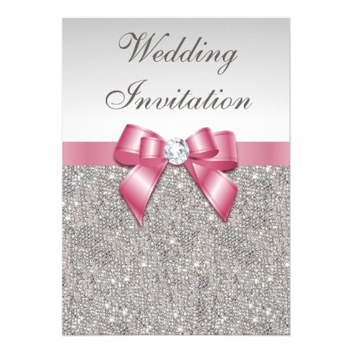 Printed Silver Sequins and Bow Pink Wedding Invites