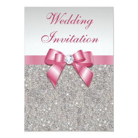 Printed Silver Sequins and Bow Pink Wedding 5x7 Paper Invitation Card