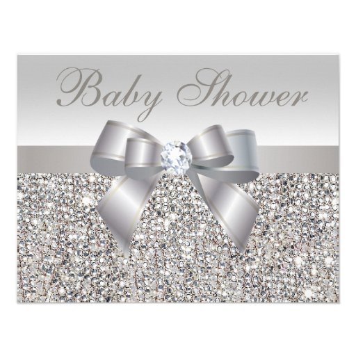 Printed Silver Sequins, Bow & Diamond Baby Shower Custom Announcements
