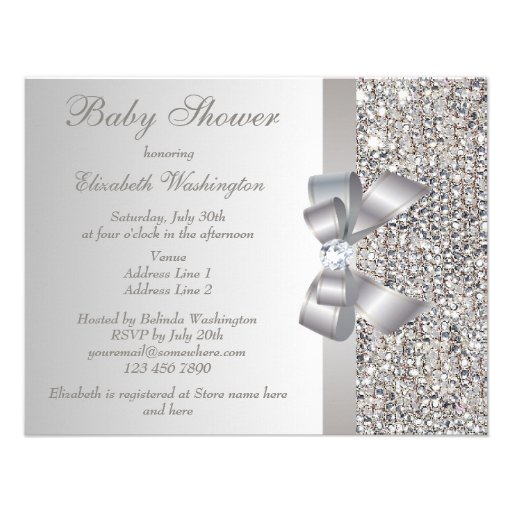 Printed Silver Sequins, Bow & Diamond Baby Shower Custom Announcements