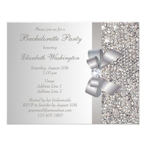 Printed Silver Sequins, Bow & Diamond Bachelorette Custom Invite