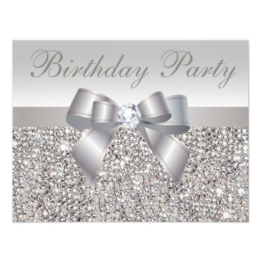 Printed Silver Sequins, Bow & Diamond Birthday Personalized Announcement