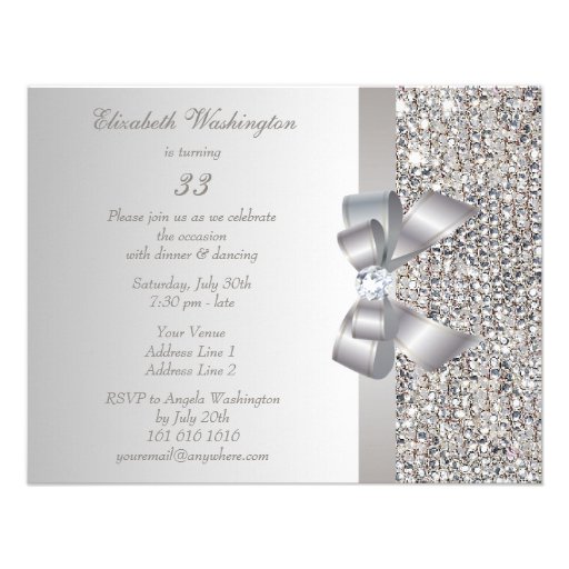 Printed Silver Sequins, Bow & Diamond Birthday Personalized Announcement