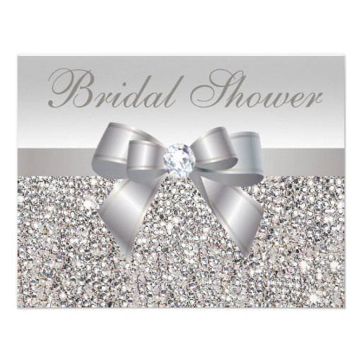 Printed Silver Sequins Bow & Diamond Bridal Shower Invite (front side)