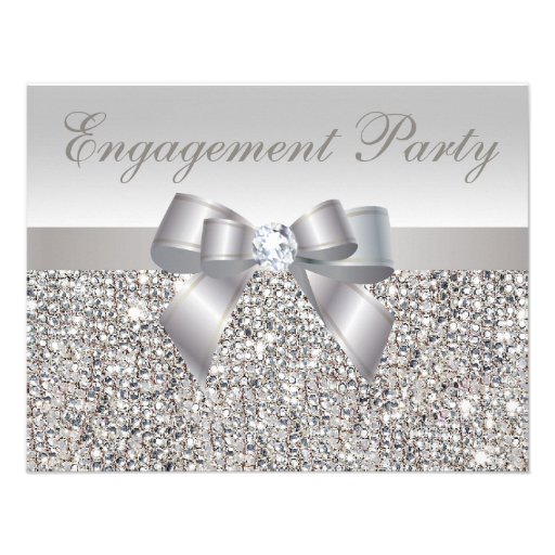 Printed Silver Sequins, Bow & Diamond Engagement Invitations