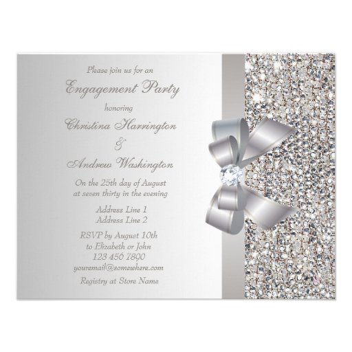 Printed Silver Sequins, Bow & Diamond Engagement Invitations
