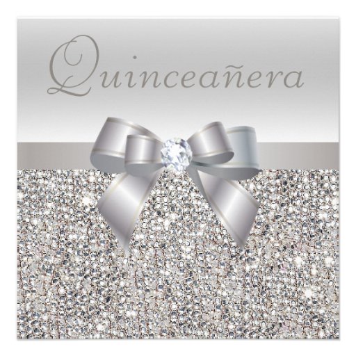 Printed Silver Sequins, Bow & Diamond Quinceanera Custom Invitations (front side)