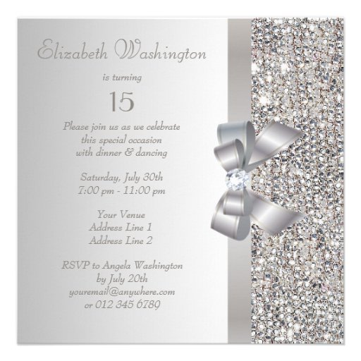Printed Silver Sequins, Bow & Diamond Quinceanera Custom Invitations