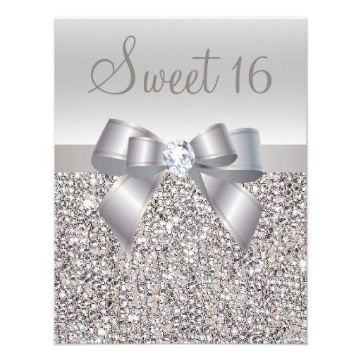 Printed Silver Sequins, Bow & Diamond Sweet 16 Custom Invites (front side)