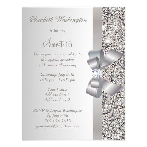 Printed Silver Sequins, Bow & Diamond Sweet 16 Custom Invites