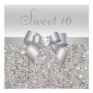 Printed Silver Sequins, Bow & Diamond Sweet 16 Personalized Invitations