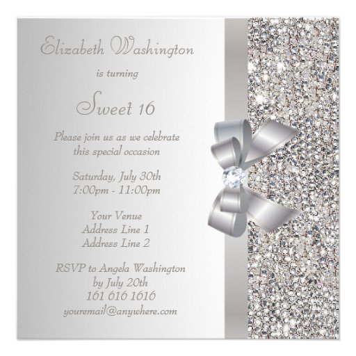 Printed Silver Sequins, Bow & Diamond Sweet 16 Personalized Invitations