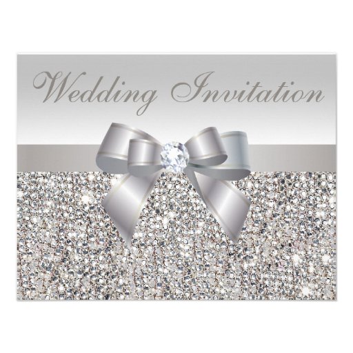 Printed Silver Sequins, Bow & Diamond Wedding Personalized Invite (front side)