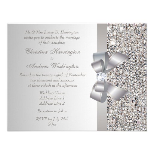 Printed Silver Sequins, Bow & Diamond Wedding Personalized Invite