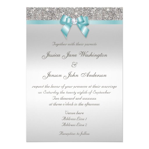 Printed Silver Sequins Diamonds Teal Bow Wedding Personalized Announcements