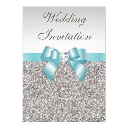 Printed Silver Sequins Diamonds Teal Bow Wedding Personalized Announcements (front side)