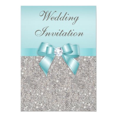 Printed Silver Sequins Diamonds Teal Bow Wedding Announcements