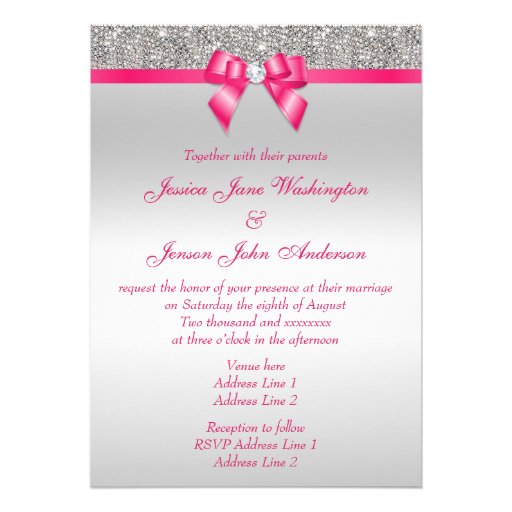Printed Silver Sequins Hot Pink Bow Wedding Invitations