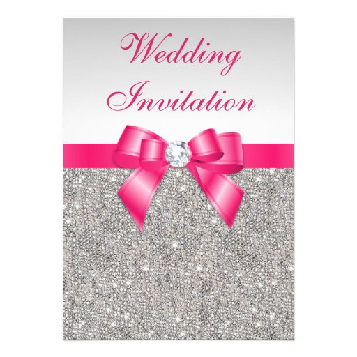 Printed Silver Sequins Hot Pink Bow Wedding Invitations (front side)