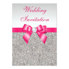 Printed Silver Sequins Hot Pink Bow Wedding 5x7 Paper Invitation Card