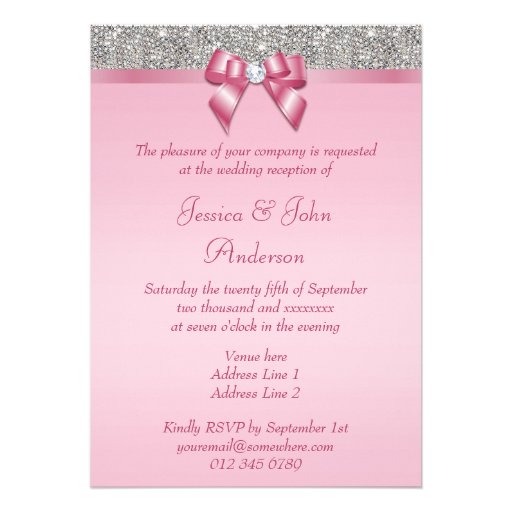 Printed Silver Sequins Pink Bow Wedding Reception Announcement