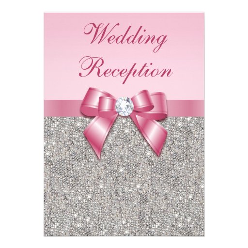 Printed Silver Sequins Pink Bow Wedding Reception Announcement