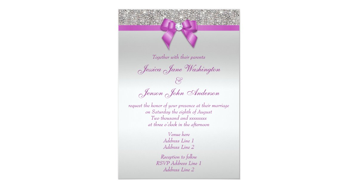 Printed Silver Sequins Radiant Orchid Bow Wedding Card Zazzle
