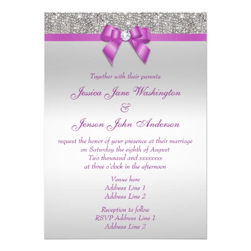 Printed Silver Sequins Radiant Orchid Bow Wedding Custom Invites