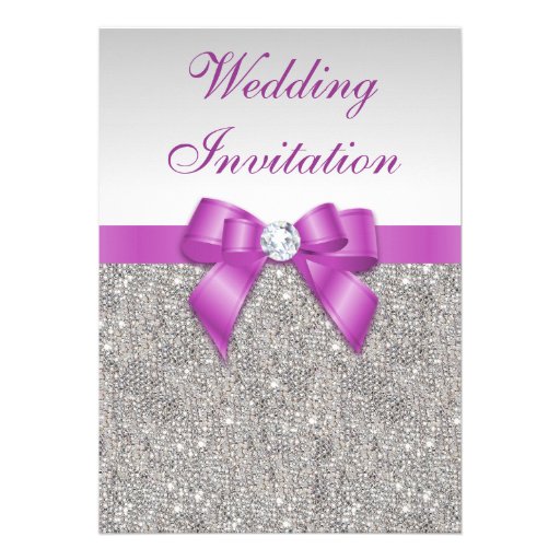 Printed Silver Sequins Radiant Orchid Bow Wedding Custom Invites