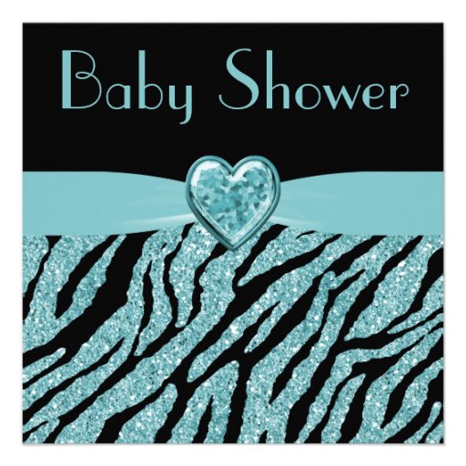 Printed Teal Heart & Zebra Glitter Baby Shower Announcements