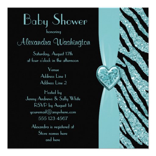 Printed Teal Heart & Zebra Glitter Baby Shower Announcements