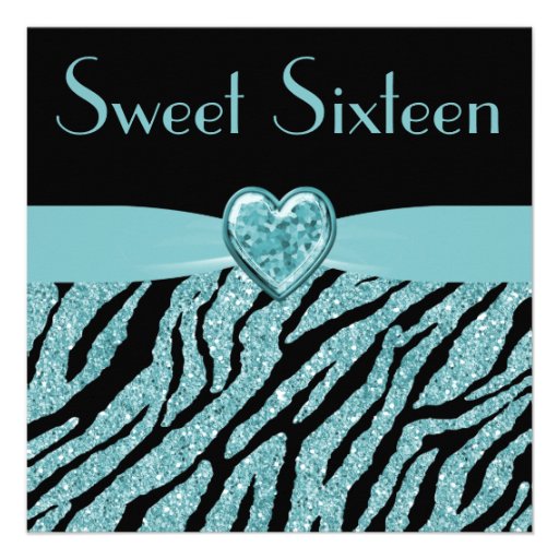 Printed Teal Heart & Zebra Glitter Sweet 16 Personalized Announcement