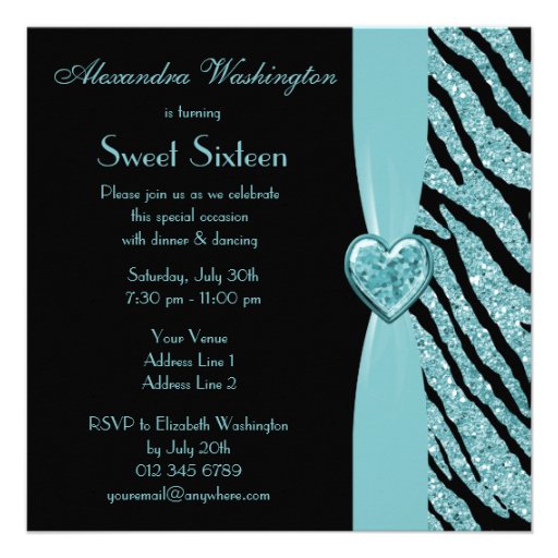 Printed Teal Heart & Zebra Glitter Sweet 16 Personalized Announcement