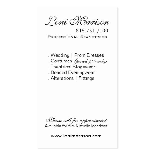 Pro Seamstress: Dressmaker, Patternmaker, Designer Business Cards (back side)