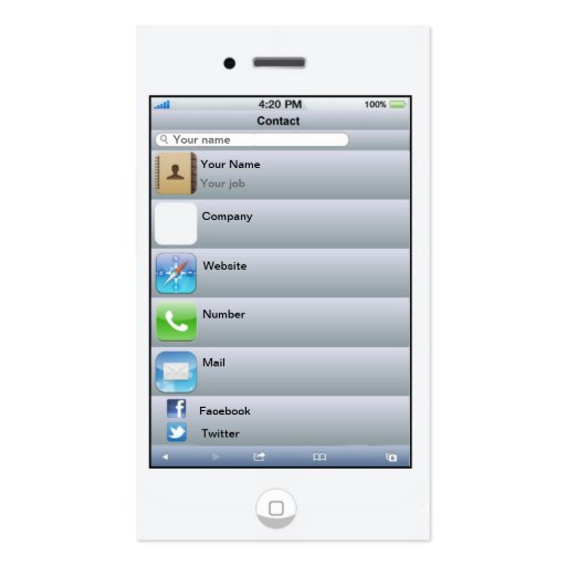Professional Customizable White iPhone card Business Card (front side)
