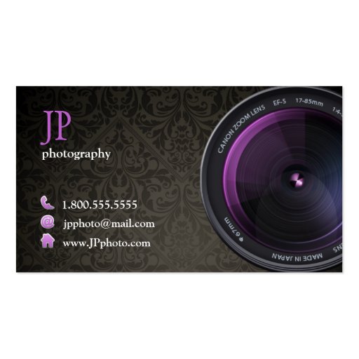 Professional Damask Photographer Camera Lens Business Card Template (front side)