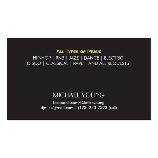 Professional DeeJay Music Business Cards (back side)